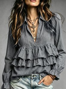 LUMIGAL 女款純色休閒百搭日常穿著襯衫 - 灰色 - 查看 1