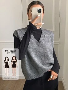 Livesso Petite 女款休閒百搭針織背心 秋季 - 灰色 - 查看 1