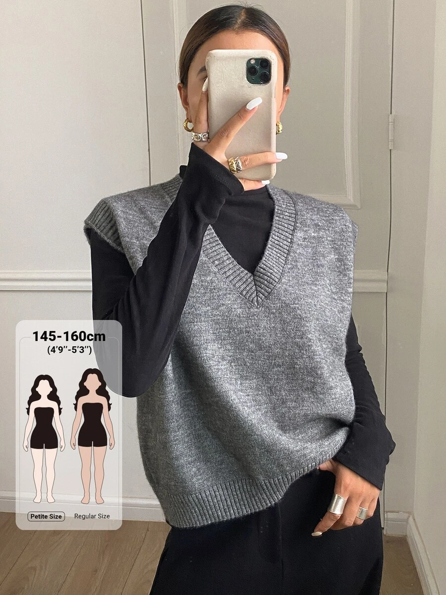 Livesso Petite 女款休閒百搭針織背心 秋季 - 灰色 - 查看 1