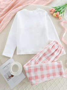 SHEIN 2件組青少年女孩柔粉色蝴蝶結刺繡睡衣套裝，格紋長袖上衣與長褲，秋冬圓領針織舒適可愛睡衣 - 粉色 - 查看 2