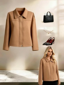 SHEIN LUNE CURVE Plus Size Women's Minimalist Elegant Smart Casual Suede Jacket, Basic Lapel + Shoulder Patch Decor + Hidden Button Elements, Formal Camel Autumn Fall - Brown - View 5