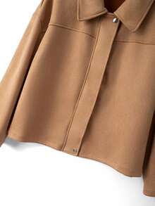 SHEIN LUNE CURVE Plus Size Women's Minimalist Elegant Smart Casual Suede Jacket, Basic Lapel + Shoulder Patch Decor + Hidden Button Elements, Formal Camel Autumn Fall - Brown - View 6