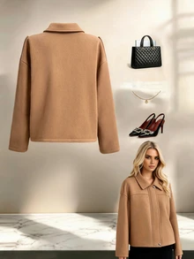 SHEIN LUNE CURVE Plus Size Women's Minimalist Elegant Smart Casual Suede Jacket, Basic Lapel + Shoulder Patch Decor + Hidden Button Elements, Formal Camel Autumn Fall - Brown - View 2