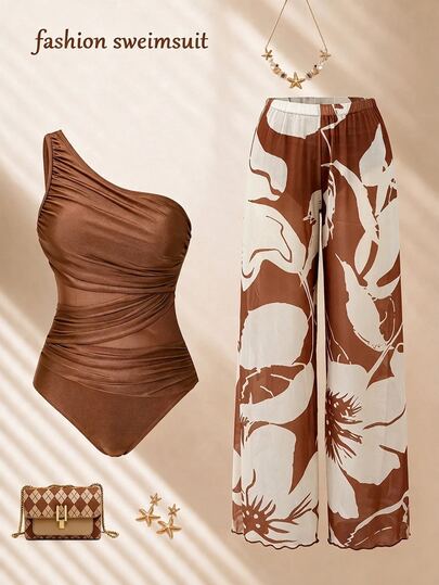 Bonvoyette 2026SS Spring/Summer Brown Beige Boho Tropical Style Elegant Premium One-Piece Set For Women, Vacation Beach Vacation Seaside Casual