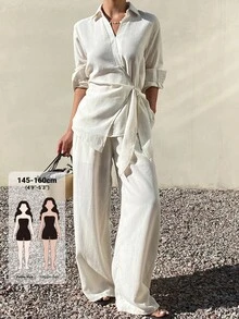 Livesso Petite Setelan 2 Potong Wanita Musim Dingin Kasual dengan Model Kemeja dan Celana Model Ikat Depan untuk Musim Gugur - Putih - View 1