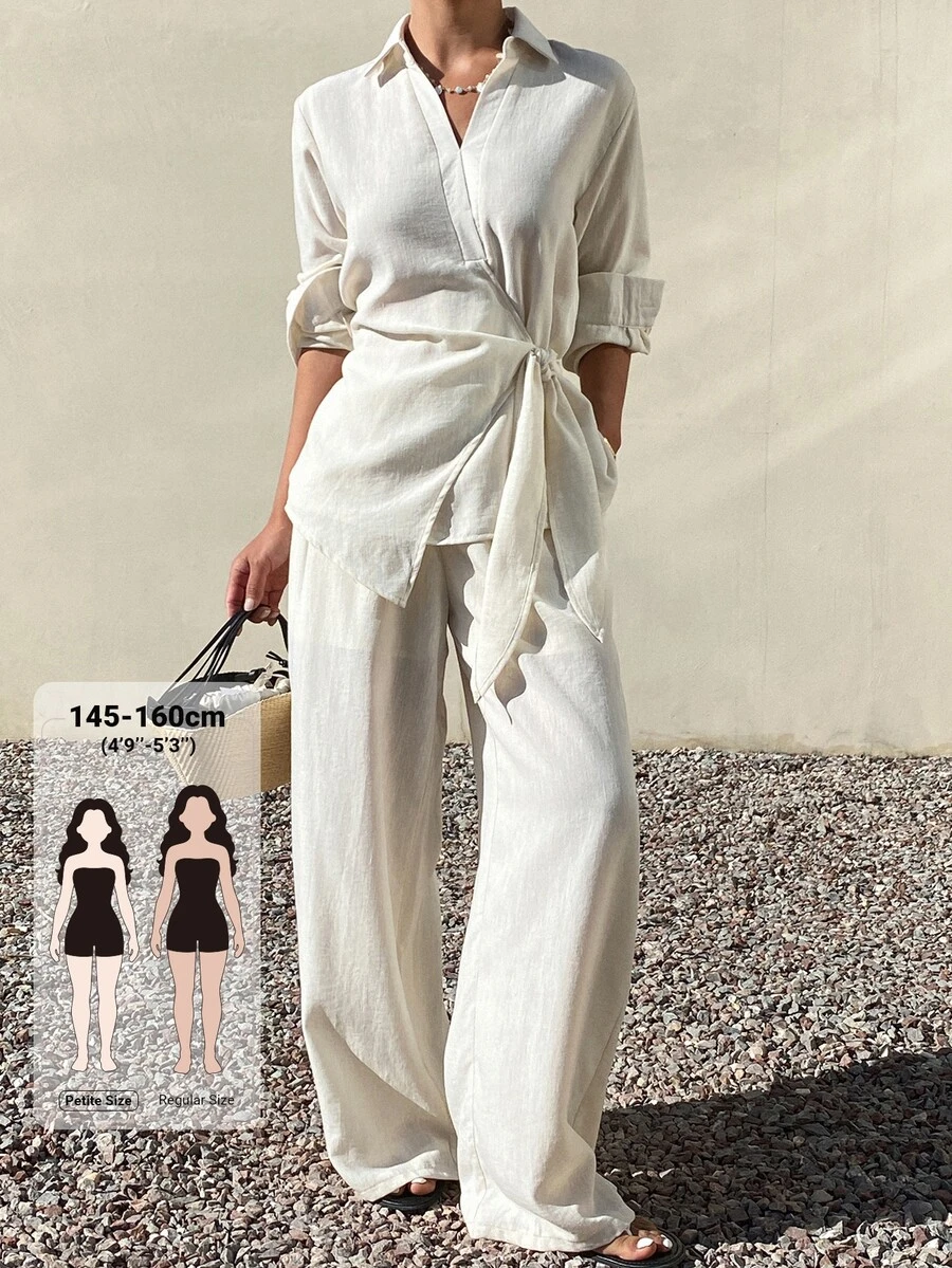 Livesso Petite Setelan 2 Potong Wanita Musim Dingin Kasual dengan Model Kemeja dan Celana Model Ikat Depan untuk Musim Gugur - Putih - View 1