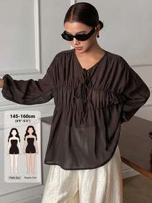 Livesso Petite Women's Solid Color Pleated Casual Versatile Daily Wear Shirt - Brown - View 1