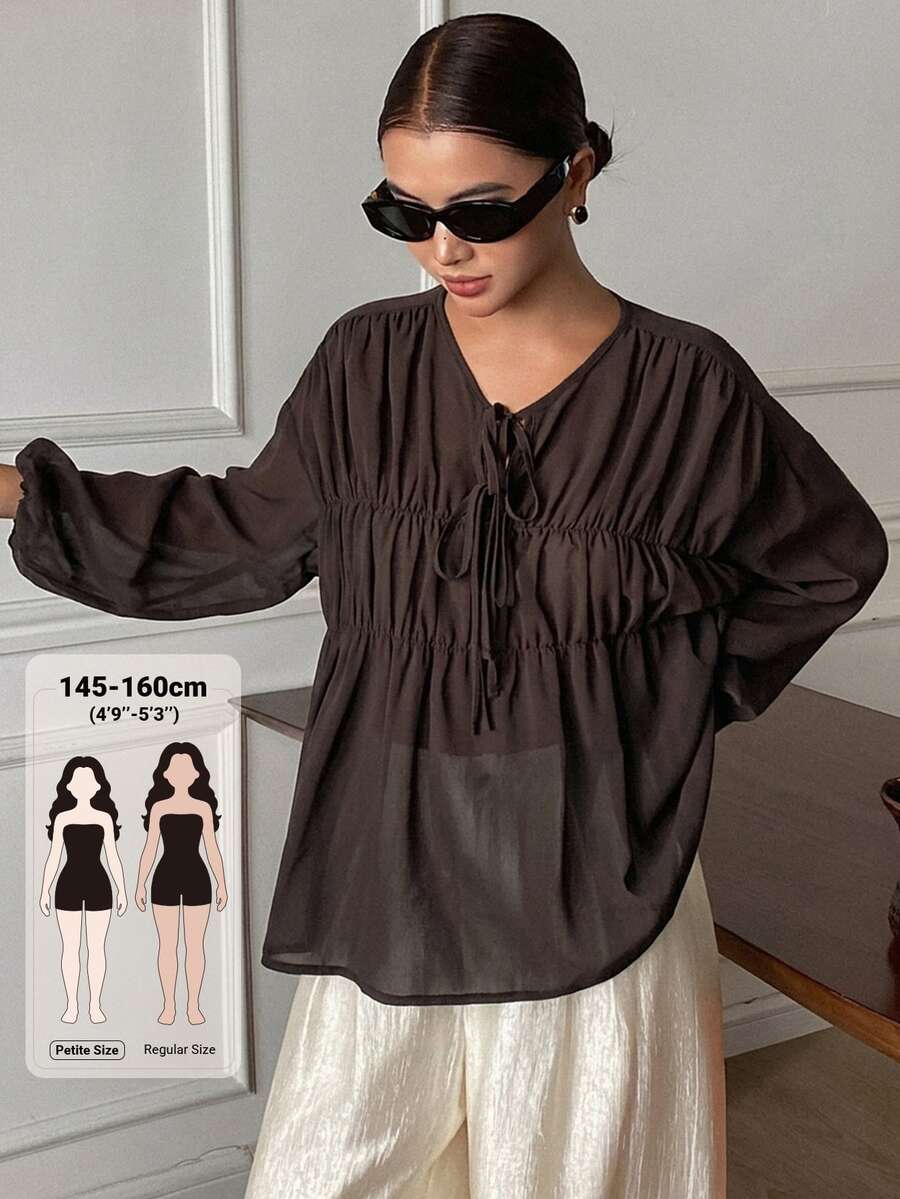 Livesso Petite Women's Solid Color Pleated Casual Versatile Daily Wear Shirt - Brown - View 1
