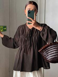 Livesso Petite Women's Solid Color Pleated Casual Versatile Daily Wear Shirt - Brown - View 5