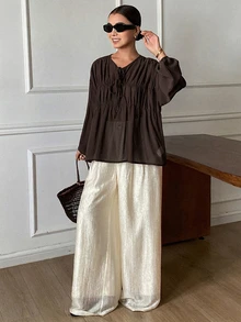Livesso Petite Women's Solid Color Pleated Casual Versatile Daily Wear Shirt - Brown - View 4