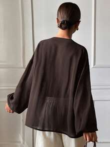 Livesso Petite Women's Solid Color Pleated Casual Versatile Daily Wear Shirt - Brown - View 2