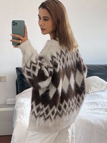 Livesso Petite Cardigan Argyle Kotak-kotak Blok Warna Kasual Musim Gugur/Dingin Wanita - MultiWarna - View 3