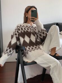 Livesso Petite Cardigan Argyle Kotak-kotak Blok Warna Kasual Musim Gugur/Dingin Wanita - MultiWarna - View 5