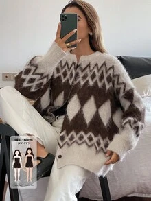 Livesso Petite Cardigan Argyle Kotak-kotak Blok Warna Kasual Musim Gugur/Dingin Wanita - MultiWarna - View 1