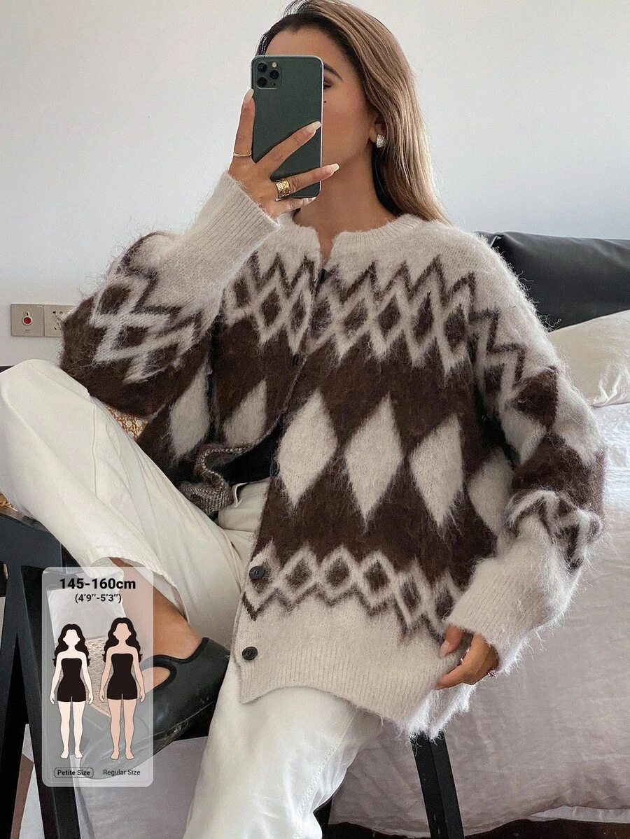 Livesso Petite Cardigan Argyle Kotak-kotak Blok Warna Kasual Musim Gugur/Dingin Wanita - MultiWarna - View 1