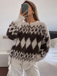 Livesso Petite Cardigan Argyle Kotak-kotak Blok Warna Kasual Musim Gugur/Dingin Wanita - MultiWarna - View 2