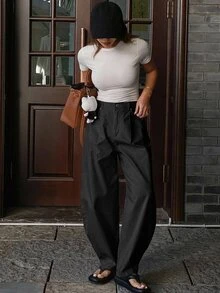 Livesso Petite Women's Casual Versatile Commute Solid Color Curved Leg Long Pants Fall - Black - View 4