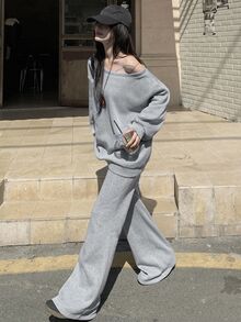 DAZY Women's Korean Style Minimalist Long Sleeve Sweatshirt And Drawstring Waist Pants 2 Pieces Set Fall - Grey - View 9