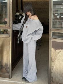 DAZY Women's Korean Style Minimalist Long Sleeve Sweatshirt And Drawstring Waist Pants 2 Pieces Set Fall - Grey - View 5