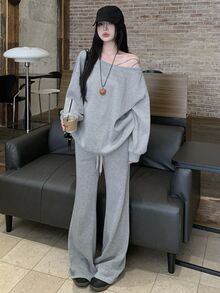 DAZY Women's Korean Style Minimalist Long Sleeve Sweatshirt And Drawstring Waist Pants 2 Pieces Set Fall - Grey - View 2