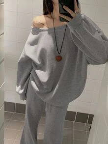 DAZY Women's Korean Style Minimalist Long Sleeve Sweatshirt And Drawstring Waist Pants 2 Pieces Set Fall - Grey - View 8