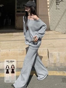 DAZY Women's Korean Style Minimalist Long Sleeve Sweatshirt And Drawstring Waist Pants 2 Pieces Set Fall - Grey - View 1