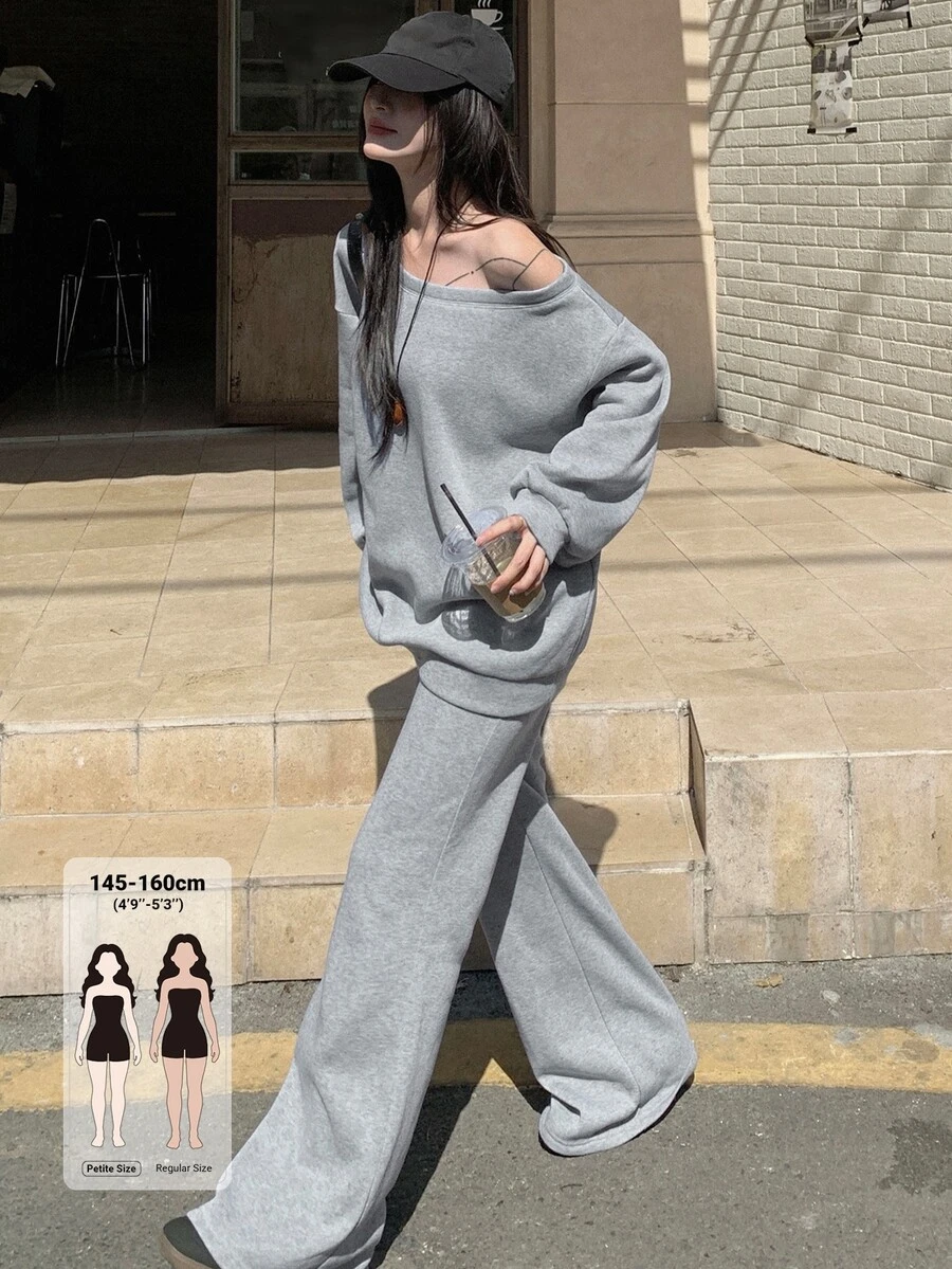 DAZY Women's Korean Style Minimalist Long Sleeve Sweatshirt And Drawstring Waist Pants 2 Pieces Set Fall - Grey - View 1