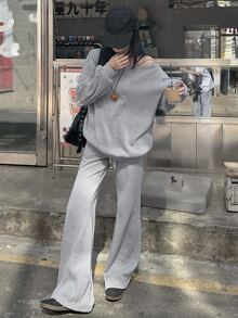 DAZY Women's Korean Style Minimalist Long Sleeve Sweatshirt And Drawstring Waist Pants 2 Pieces Set Fall - Grey - View 3