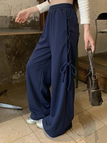 DAZY 女款純色彈性腰側綁帶休閒寬鬆長褲 秋季校園風 海軍藍 - 藏蓝色 - 查看 3