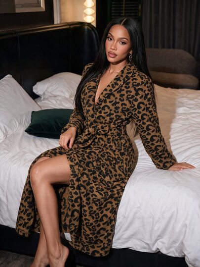 Silforma Women's Casual Leopard Jacquard Fleece Maxi Robe With Shawl Collar, Tie Waist Outerwear, Autumn/Winter Leopard Robe Leopard Pajamas