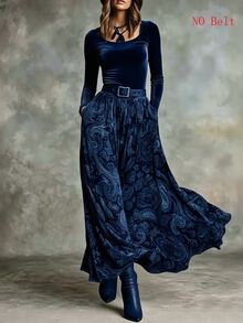 Glimmora Women's Vintage Full Floral Print Pocket Elastic Waist Long Skirt, Autumn/Winter - Blue - View 5