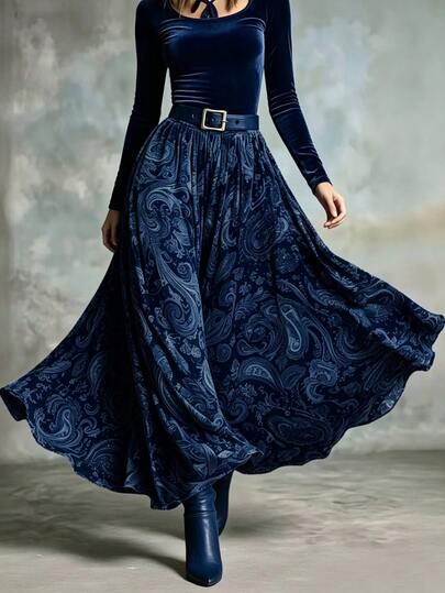 Glimmora Women's Vintage Full Floral Print Pocket Elastic Waist Long Skirt, Autumn/Winter