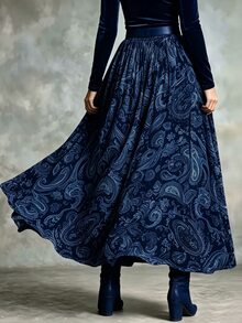 Glimmora Women's Vintage Full Floral Print Pocket Elastic Waist Long Skirt, Autumn/Winter - Blue - View 2