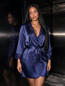 Silforma Women's Solid Color Contrast Lace Long Sleeve Elegant Robe Satin Sleepwear Set Lingerie Robe Set Silk Robe Set Silk Robes For Women Sleep Wear - Navy Blue - View 7