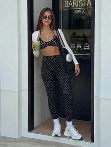 Sovereign Charm Women's Polka Dot Casual Versatile Daily Travel Sports Leggings - Black - View 7