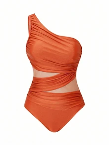 Swim Oasis Women's One-Piece Swimsuit With Mesh Patchwork And Skirt Beach Burnt Orange Summer Sexy - Orange - View 4