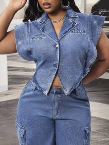 Slaydiva Jaket Denim Biru Pendek Berkerah untuk Semua Musim, Cocok untuk Aktivitas Luar Ruangan Ukuran Plus - Medium Wash - View 5