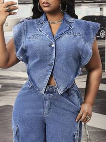 Slaydiva Jaket Denim Biru Pendek Berkerah untuk Semua Musim, Cocok untuk Aktivitas Luar Ruangan Ukuran Plus - Medium Wash - View 1