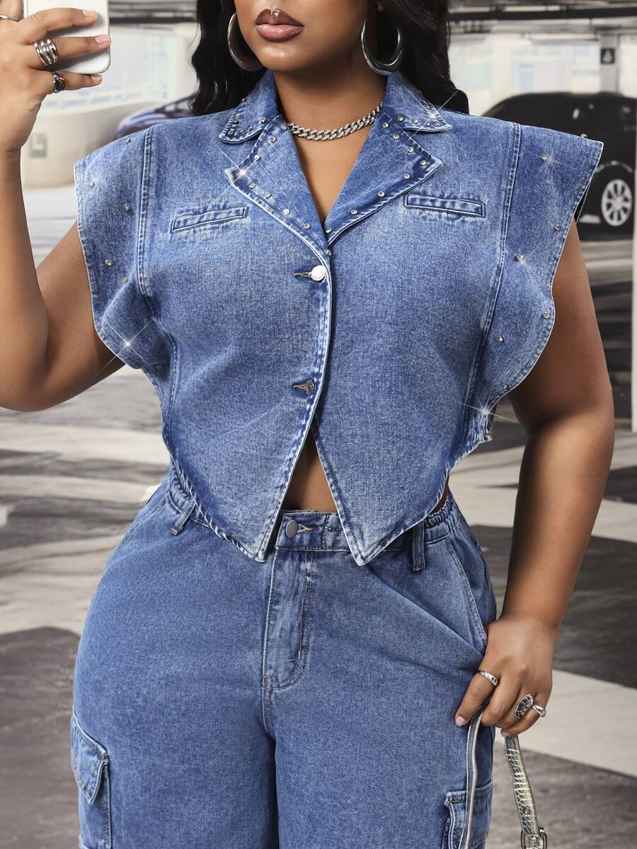 Slaydiva Jaket Denim Biru Pendek Berkerah untuk Semua Musim, Cocok untuk Aktivitas Luar Ruangan Ukuran Plus - Medium Wash - View 1