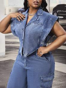 Slaydiva Jaket Denim Biru Pendek Berkerah untuk Semua Musim, Cocok untuk Aktivitas Luar Ruangan Ukuran Plus - Medium Wash - View 6