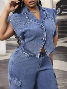Slaydiva Jaket Denim Biru Pendek Berkerah untuk Semua Musim, Cocok untuk Aktivitas Luar Ruangan Ukuran Plus - Medium Wash - View 3