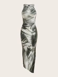 SHEIN ICON Tie-Dye Pattern Mesh Sexy Dress - Brown - View 3