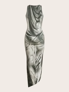 SHEIN ICON Tie-Dye Pattern Mesh Sexy Dress - Brown - View 2