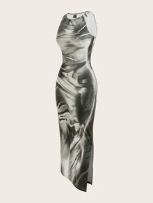 SHEIN ICON Tie-Dye Pattern Mesh Sexy Dress - Brown - View 6