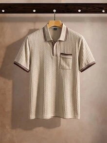 Manfinity Homme 男士條紋短袖休閒通勤 Polo 衫 - 卡其色 - 查看 4