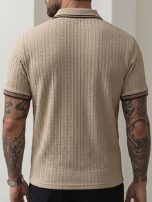 Manfinity Homme 男士條紋短袖休閒通勤 Polo 衫 - 卡其色 - 查看 2
