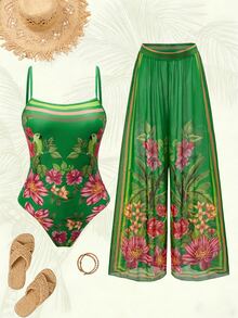 SHEIN Swim 2026SS 春夏新款花卉印花度假沙灘女款連身泳衣，附罩衫與長褲 - 彩色 - 查看 2