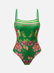 SHEIN Swim 2026SS 春夏新款花卉印花度假沙灘女款連身泳衣，附罩衫與長褲 - 彩色 - 查看 5