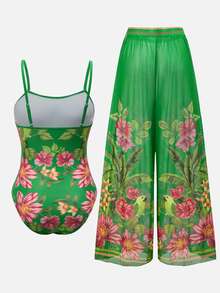 SHEIN Swim 2026SS 春夏新款花卉印花度假沙灘女款連身泳衣，附罩衫與長褲 - 彩色 - 查看 3