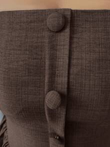 Elenzga New Arrival Tie-Shoulder Textured Bicolor Woven Midi Dress, Youthful Elegant Versatile Office Wear - Brown - View 4